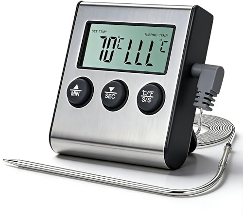 Digitale Termometro Cucina Timer, 0-250°C Termometro Alimentare Con Sonda E Cavo Da 100cm, Magnete Termometri Carne Con Allarme E Temperatura Preimpostabile Per Barbecue, Forno, Arrosto, Griglia