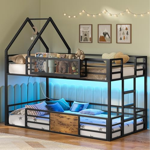 ADORNEVE House Bunk Bed Twin Over Twin with Storage Shelf & RGB Lights, House Bunk Bed Frame with Charging Station, Metal Slats Support No Box Spring Needed Space Saving, Black & Rustic Brown