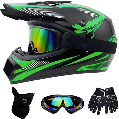 DriveNova Casco Integrale MTB per Bambini, Casco Integrale MTB Downhill e Motocross per Bambini con Guanti, Maschera e Occhiali, Caschi da Moto per Ragazzi con Fodere Del Casco (Verde, L-XL)