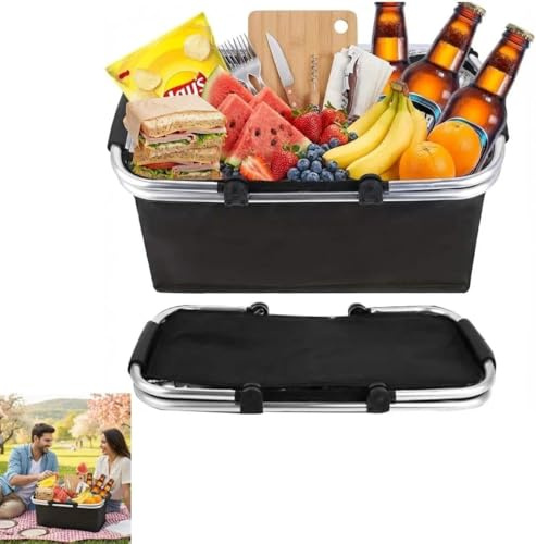 Shoppingkorg, vikbar, termisk som picknickkorg, kylbox bärbar med vadderade handtag, bärkorg, för resor, shopping, picknick, 47 liter, 1 st (svart)