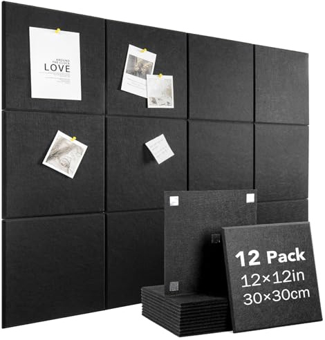 Woovio 120 x 90 cm stor modulär filt anslagstavla 12-pack, kork alternativ, svart | Vision Board, 60 starka självhäftande kuddar spikfria, akustisk filt självläkande, darttavla skydd för stora väggar