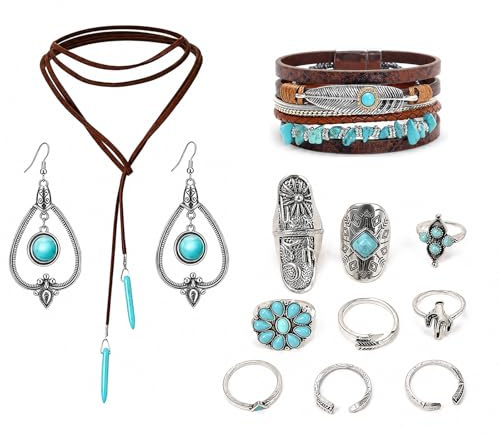 PUQGAOIP Festival Outfit Women Vintage Bohemian Turquoise Jewellery For Women Layered Bracelet Rings Drop Earrings Wrap Choker And Western Cowgirl Accessories For Complete