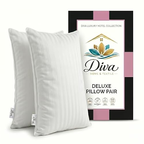 Diva Home & Textile Stripe Pillows 2 Pack Hotel Quality Bed Pillow Hypoallergenic Hollowfibre Bounce Back Support for Side & Back Sleepers UK Standard White