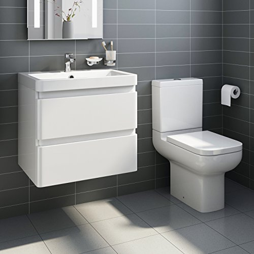 White Gloss Wall Hung Vanity Sink Unit Bathroom Furniture + Short Projection Toilet