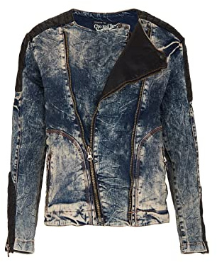 Cipo & Baxx Herren Jeans Jacke Leder Batches Übergangsjacke Biker Used Jacket Kunstlederoptik CJ135 Blau Gr.M
