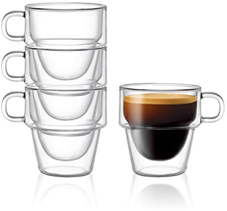 JoyJolt Stoiva Double Wall Insulated Espresso Glass Cups – 5 oz. (150 ml) Espresso Shot Glass Cup with Handle – Stackable Thermal Clear Glass Cups, Fit for Espresso Machine and Coffee Maker – Set of 4