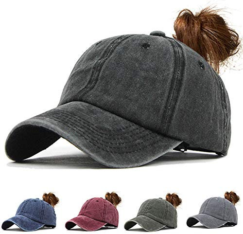 CheChury Damen Baseball Kappe Vintage Pferdeschwanz Cap Washed Ponytail Baseballmütze Mit Zöpfen Loch Loop Einstellbare Outdoor Sports Freizeit Basecap Unisex