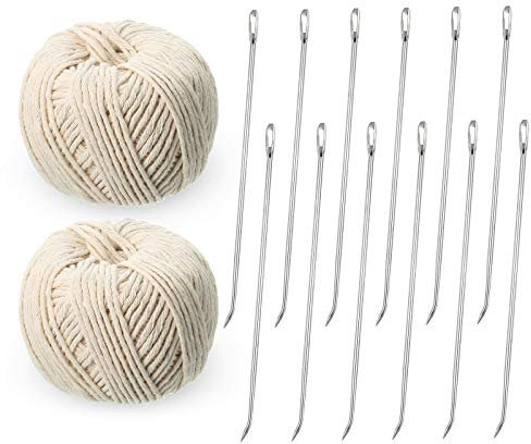 Poultry Lacing Kit Turkey Lacer 7 Inch Roasting Supplies Meat Trussing Needle Stainless Steel Pin and Cotton Twine Cooking Twine for Trussing, Tying Poultry Meat, Pig, Roasting Turkey (14 Pieces)