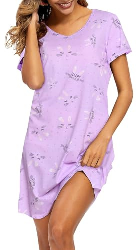 ENJOYNIGHT Camisón de Algodón de Manga Corta para Mujer Camiseta de Manga Corta Camisa de Noche Camisón de Verano Ropa de Noche (Large,Conejo)
