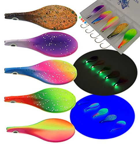 Njord Kalastus Inline Spoon Forelle 5 Stück in Box 4,5g | UV Aktiv und Selbstleuchtende 3D Augen | Durchlaufblinker Forellenköder Inliner Spoon Inline Durchlauf Spoons Forelle Angel Set Magic Spoon