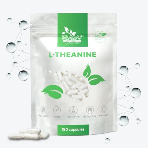 L-Theanine 200 mg - 180 veganska kapslar för mental klarhet och avslappning - naturligt nootropiskt medel som främjar fokus och sömnkvalitet Raw Powders