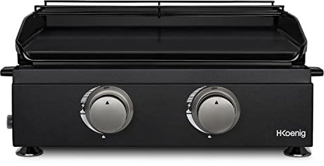 H.Koenig Plancha de asar a gas PLX1022, 2 Quemadores U Acero inoxidable, Plancha de asar de fundición esmaltada, Alimentación de gas propano o butano, Distribución uniforme del calor, hasta 350°C