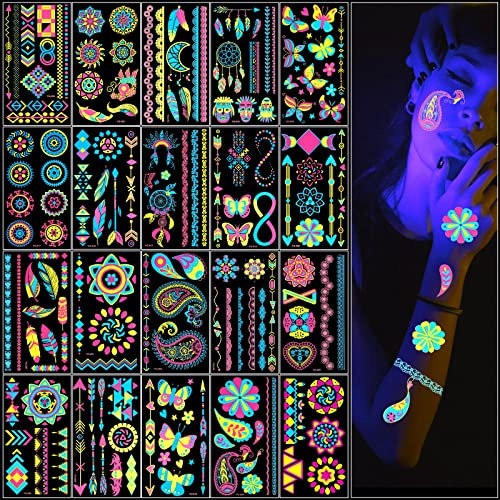 ACWOO Neon tillfälliga tatueringar, 20st 200+ flera mönster Glow in the Dark Neontatueringar, Flash UV Neon Fake Vattentäta tatueringsklistermärken Rave Festival Accessoarer för kvinnor Flickor Festtillbehör (20st)
