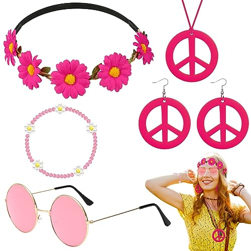 HEAWAA 5 Stück Hippie Kostüm Accessoires, Vintage Zubehör per Costume Hippie mit Brille Friedenszeichen Halskette Ohrringe Stirnband Armbänder für Damen Herren 60er 70er 80er Jahre Party Karneval