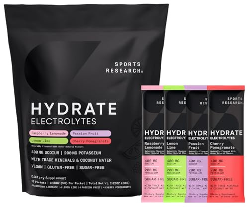 Sports Research® Hydrate Electrolytes Powder Packets - Sugar-Free & Naturally Flavored with Vitamins, Minerals, and Coconut Water - Supports Hydration - 16 Packets - Variety Pack