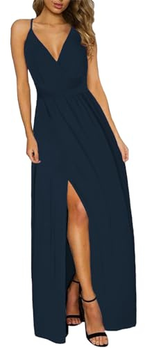 UUAISSO Vestido Bohemio De Verano para Mujer Tirantes Finos Cuello en V Color Sólido Floral Playa Largo Maxi Vestido