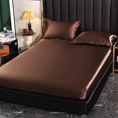JIANINGHOME Spannbetttuch in Allen Größen 120x200,Dunkelbraun,Sommer Seidenmatte Spannbetttücher All-Inclusive rutschfeste Kissenbezug Matratzenschutz Tagesdecke Bettdecke