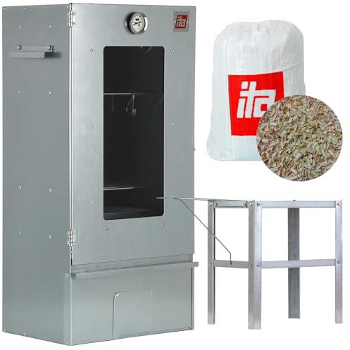ITA Fumoir 7000 - Ensemble Smoker avec Table - Armoire à Fumée avec Fenêtre & Thermomètre - Acier Alliage - Qualité UE, Direct du Fabricant - 81 cm avec 3 Étages