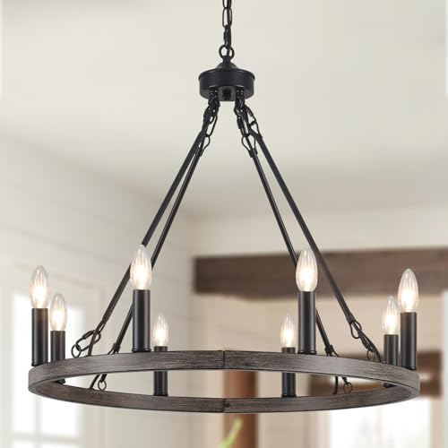 WTUOING Black Chandeliers Ceiling Light, 8 Lights Wagon Wheel Chandelier, Rustic Modern Farmhouse Chandelier Black Pendant Lighting Fitting for Living Room, Kitchen, Dining Room