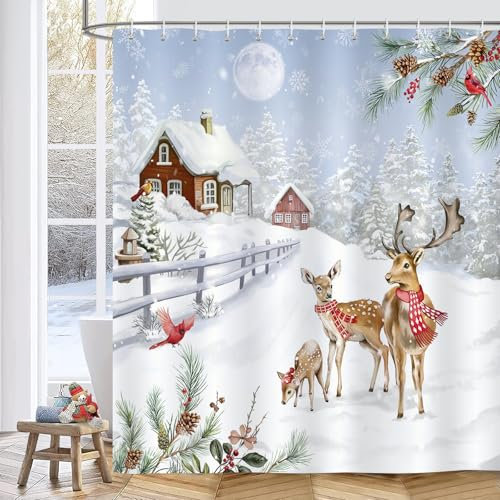 Bonhause Rideau de Douche Hiver Noël Cerf Forêt Pin Neige Ferme Rideau de Bain Tissu Polyester Anti Moisissure Imperméable Lavable Rideaux Salle de Bain 180 x 180 cm avec 12 Crochets pour Baignoire