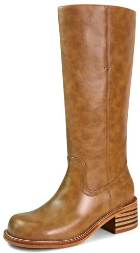 VBDB Brown Knee High Boots for Women Platform Square Toe Chunky Heel Wide Calf Campus Boots Tall Riding Long Shoes Size 9