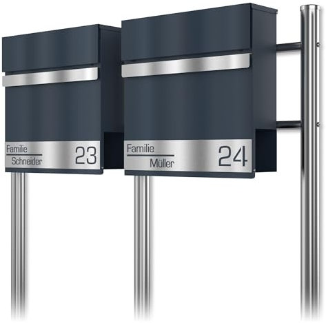 Buzón Doble en Antracita RAL 7016 con Soporte - Buzón Personalizado Placa de identificación en Acero Inoxidable Grabado láser - Compartimento para periódicos