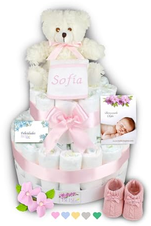 BEBÉCHUPETE Tarta de Pañales DODO T 60 Pañales- Pañales Recién Nacido Sensitive Talla 2 de 4 a 8 kg, Tarta Pañales Bebe con Babero Bordado con Nombre, Regalo Bebe Recien Nacido, Canastilla Bebe (Rosa)