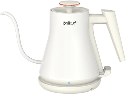 Onlicuf Electric Kettle, Gooseneck Electric Water Kettle for Pour Over Coffee & Tea, 0.8L Quick Heating Small Hot Water Kettle Electric, Stainless Steel, Auto-Off & Boil Dry Protection, Matte White