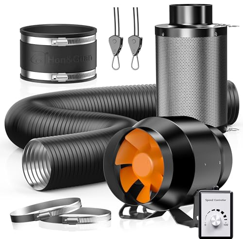 Hon&Guan frånluftsset 100 mm, rörfläkt 100 mm med varvtalsregulator, aktivt kolfilter odling, gummikoppling, rörslangklämmor set, ventilationssystem för odlingstält hydroponisk ventilation