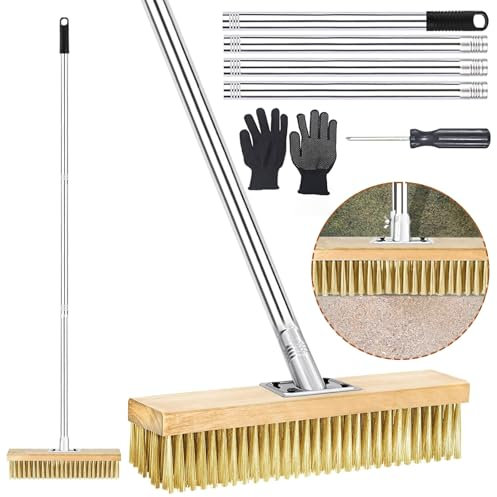 Balai métal télescopique (jusqu'à 150 cm) - Brosse Robuste Contre Mousse, Mauvaises Herbes & algues - pour Piscine, terrasse, allée, Jardin, pavés