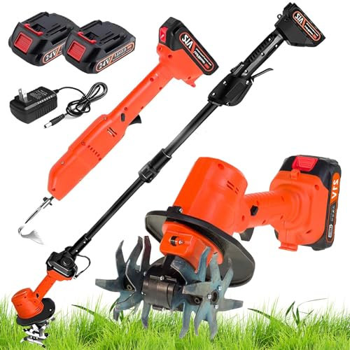 Electric Mini Digging Hoe, Cordless Mini Tiller Cultivator with Telescopic Pole, 2 Batteries, 4 Working Width, Hand-held Micro Tiller Weeding Machine, Tiller Garden Tools