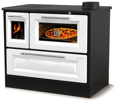 Kaminofen mit Backfach und Herdplatte 4012 Weiß Holzofen 8 kW Holz Ofen Mehrfachbelegung Kamin Heizofen Küchenherd