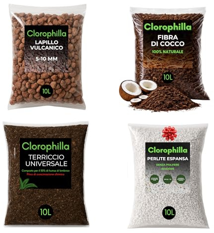 Clorophilla Kit Substrati per Piante – 4 Sacchi da 10L (Fibra di Cocco + Lapillo Vulcanico + Perlite Espansa + Terriccio Universale) – Drenaggio, Aerazione e Crescita Radicale (KIT 10L X4)