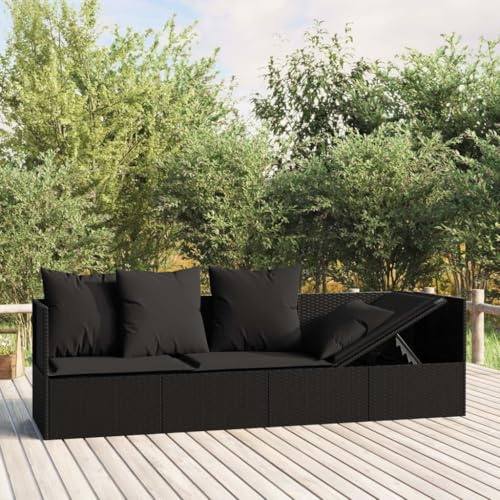 Yisssmeng Outdoor Lounge Bed Black PE Rattan 79.9 x 22.8 x 22 in Patio Chaise with Adjustable Armrests, Weather-Resistant Steel Frame, 2-Seat Poolside Lounger for Garden, Balcony, Deck