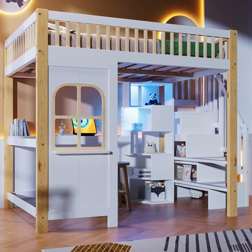 kozamas Cama alta de 140 x 200 cm, multifuncional, con LED, escritorio, espacio de almacenamiento XXL, estantería y ventana de seguridad, cama individual, para habitación de hermanos, color blanco