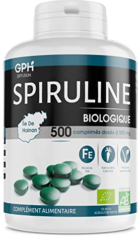 Spiruline Bio AB 500 mg -500 comprimés - Riche en Protéines - Contient Phycocyanine, Chlorophylle, Caroténoïde et Fer - GPH Diffusion