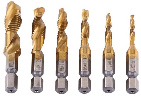 WE Knife Spiral Tap Drill Bits, 6 Pcs Metric Screw Thread Taps Set, M3-M10, High Speed Steel, Titanium Coated, 1/4 Hex Shank