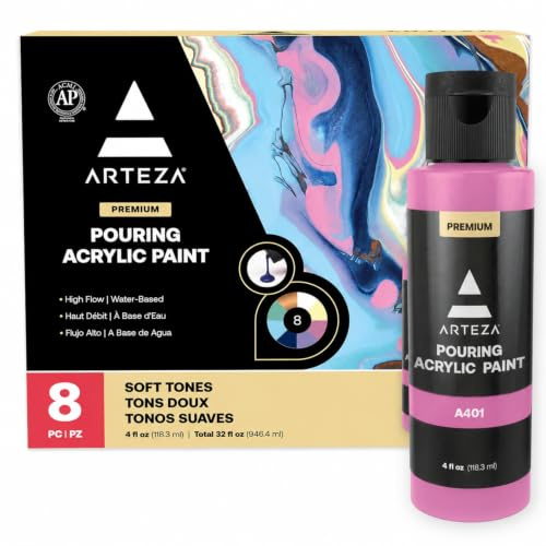 ARTEZA Acrylic Pouring Paint Set, 8 Pastel Colors, 4 oz Bottles, High-Flow Paint, No Mixing Needed, Art Supplies for Canvas, Glass, Paper, Wood, Tile, and Stones