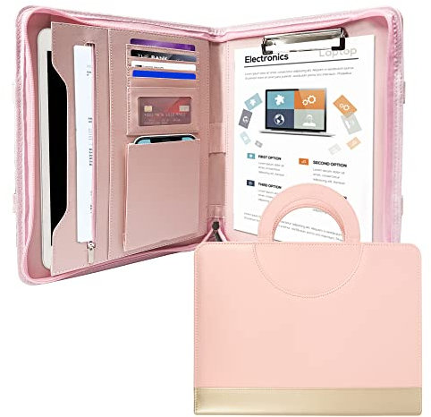 GraduationMall Schreibmappe A4 mit Klemmbrett - Rosa Portfolio Padfolio mit verstecktem Griff - Reißverschluss + PU Leder - Dokumentenmappe für Unternehmen
