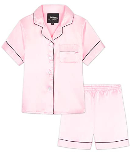 CityComfort Pyjamasset för flickor, kort modell, sidenpyjamas, med knappslå, 2-delat set, present till flickor
