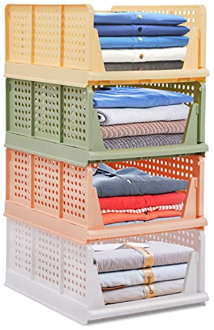 4-Pack Folding Wardrobe Storage Box Plastic Drawer Organizer Stackable Shelf Baskets Cloth Closet Container Bin Cube Home Office Bedroom Laundry Drawer Dividers for Clothes Toy Organization (Colorful)