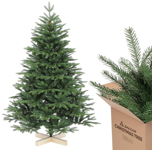 SALCAR Sapin de Noël Artificiel Nordmann de 150 cm avec Support en Bois, éléments moulés par Injection réalistes en polyéthylène et PVC, 1,5 m (diamètre 102 cm)