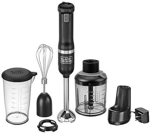 BLACK+DECKER Kitchen Wand Cordless Immersion Blender, 3 in 1 Multi Tool Set, Hand Blender with Charging Dock, Whisk and Food Chopper, Black (BCKM1013K10)