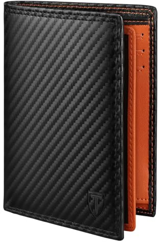 TEEHON Portefeuille Vertical pour Hommes en Cuir Carbone bloquant RFID avec 11 emplacements, 2 fenêtres d'identification, Porte-Monnaie, 2 Compartiments, à Trois Volets