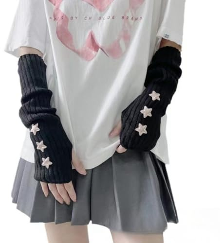 Eominve Y2K Women Teens Knitted Arm Warmers Japanese Harajuke Cosplay Lolita Cute Fingerless Mittens Thumb Hole Gloves (Black)