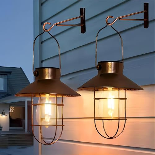 pearlstar Solar Lanterns Outdoor Metal Solar Powered Hanging Lights Waterproof for Wall Yard Garden Patio Garage Balcony Porch Fence Decor, Warm White Edison Bulb,with Wall Mount Kit（Copper-2pack）
