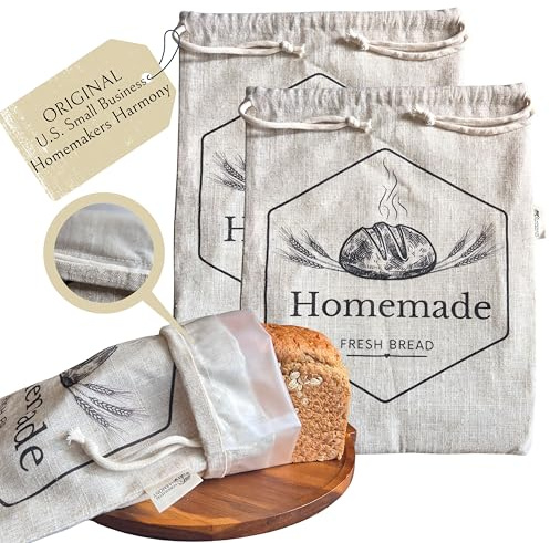Bread Bags for Homemade Bread by HOMEMAKERS HARMONY | 2 Pack XL Organic Linen Sourdough Bags | Reusable Bags | Sourdough Storage | Linen Bag |Storage For Homemade Breads