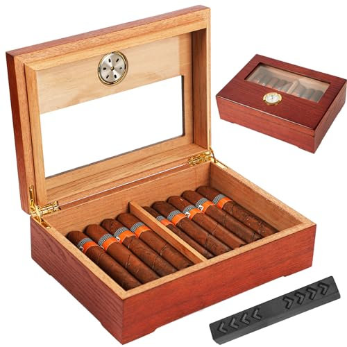 Caja de puros, humidor de puros, caja de puros clásica, madera de cedro español, con varilla humectante e higrómetro, regalo de cumpleaños y hombre, accesorios para puros (20-50 puros) (marrón)