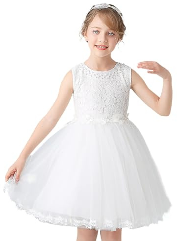 IYOU Elegante Flor Niña Vestido Blanco Encaje Tul Tutu Falda Floral Sin Mangas Princesa Primera Comunión Vestidos para Boda Fiesta Cumpleaños,110,(3-4años)