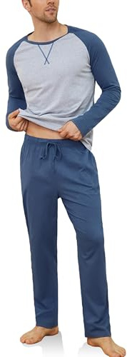 Reliwel Pyjama Homme Hiver Coton Ensembles de Pyjama Homme Long Vêtements de Détente à Manches Longues Col Rond et Pantalon avec Poches Doux Voyages Loisirs Deux Pièces